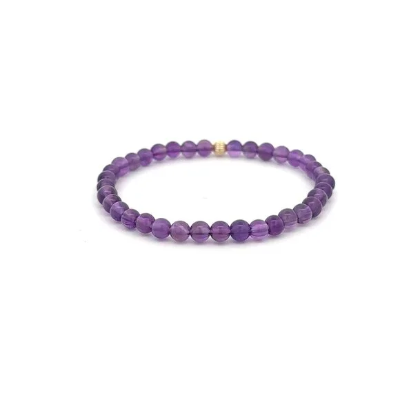 Gemstones Amethyst Mini 4mm Stretchable Bracelet 14k Gold Bead Charm Corrugated - Picture 3 of 6
